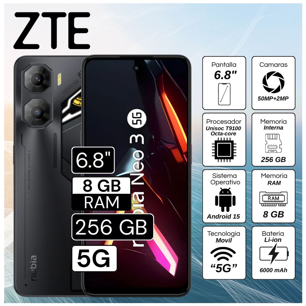 ZTE - Celular ZTE Nuvia Neo 3 5G 8GB RAM 256GB 6.8"  Pulg. Android 15 - Negro