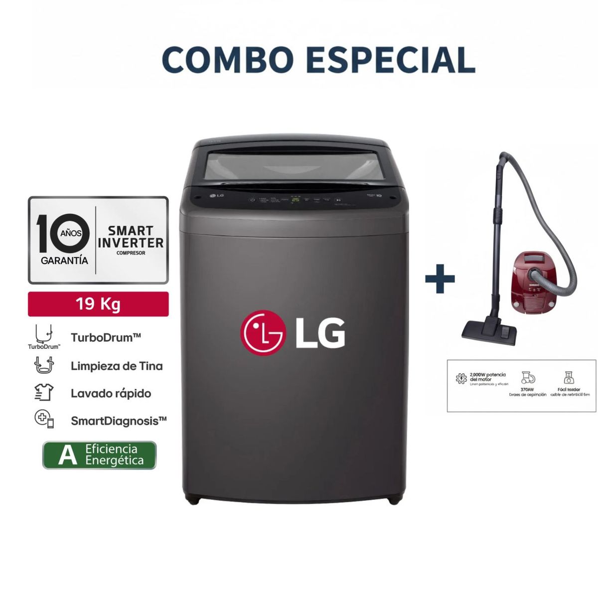 LG - Lavadora WT19BVTB 19 Kg Turbodrum Carga Superior Negro Claro LG + Aspiradora SAMSUNG VCC4190V3KXZS 2000W