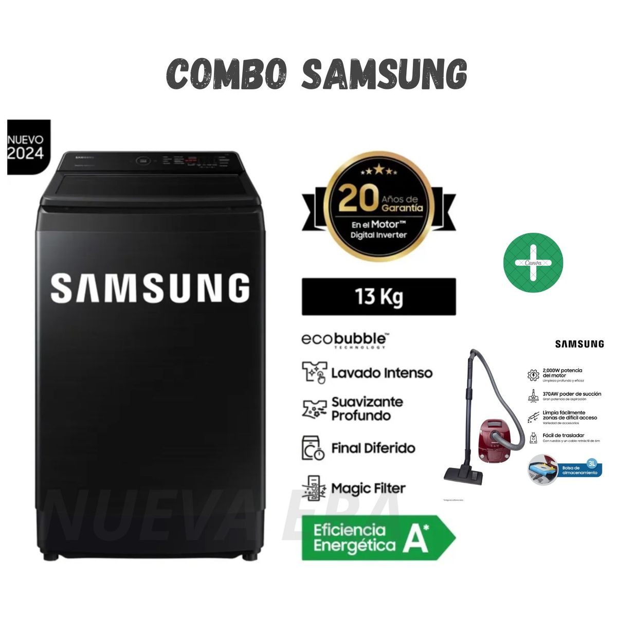 SAMSUNG - Lavadora Samsung 13Kg WA13CG5441BV Carga Superior EcoBubble + aspiradora  VCC4190V3KXZS 2000W