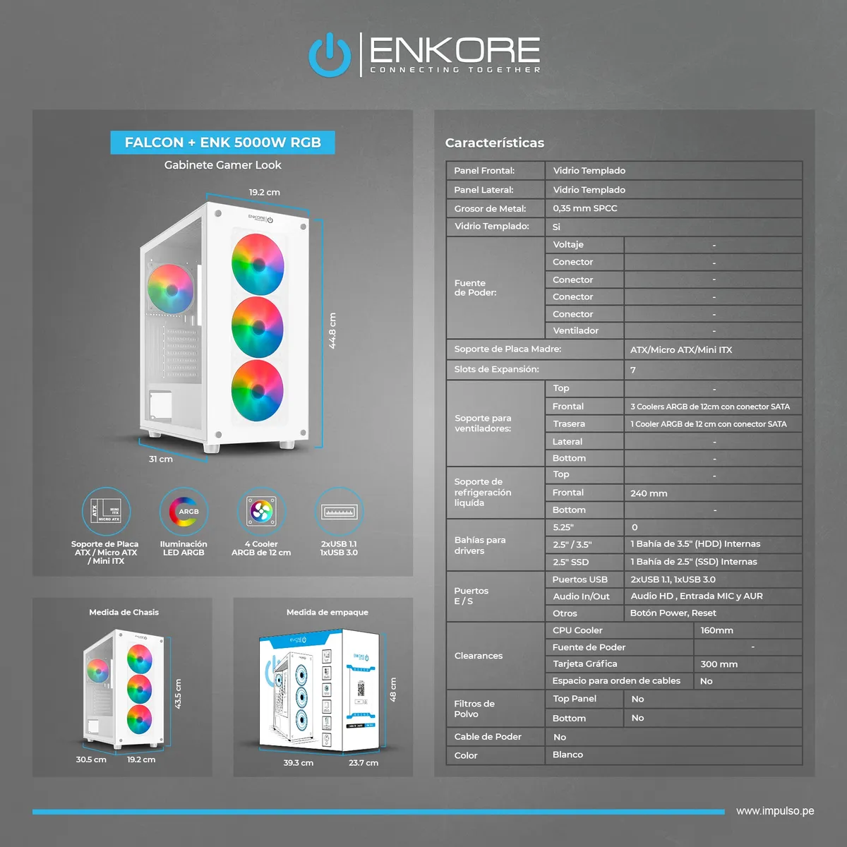 ENKORE - CASE GAMER RGB BLANCO FALCON ENK 5000W