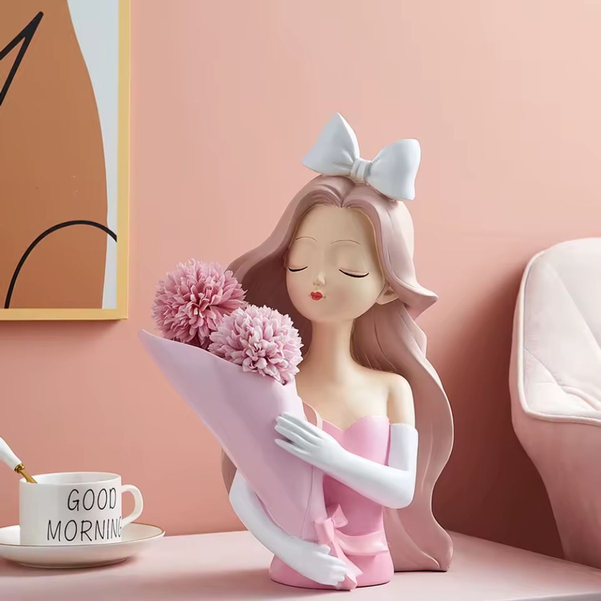 GENERICO - Florero Decorativo Dama Rosa con Lazo de Resina