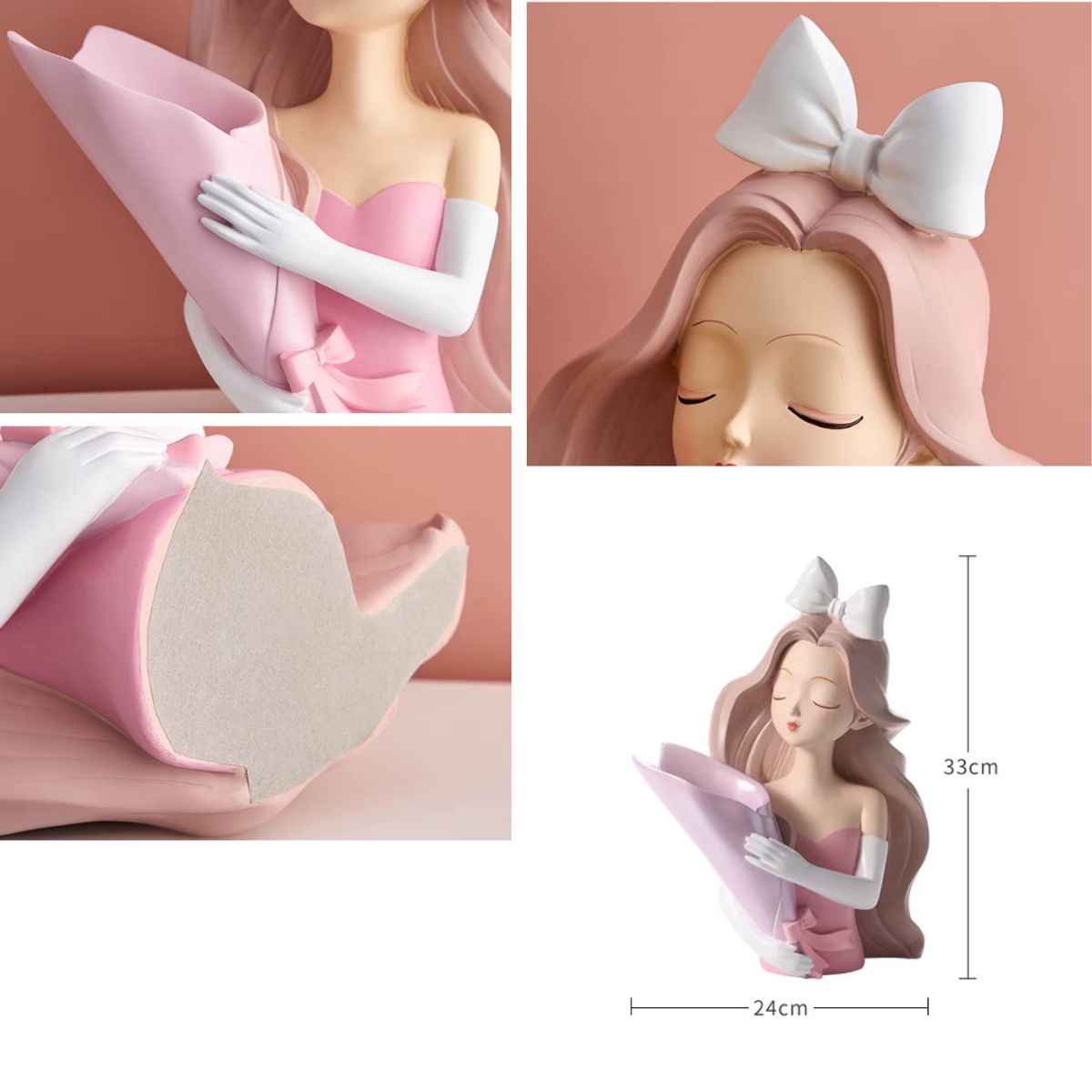 GENERICO - Florero Decorativo Dama Rosa con Lazo de Resina