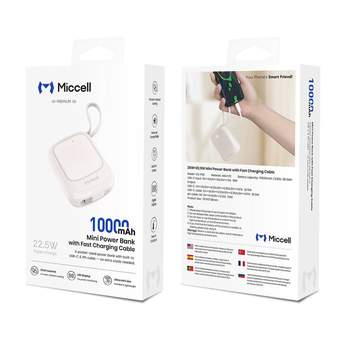 GENERAL - Miccell 10000mAh Power Bank PD225W con Cable Integrado y Carga Rápida Type-C