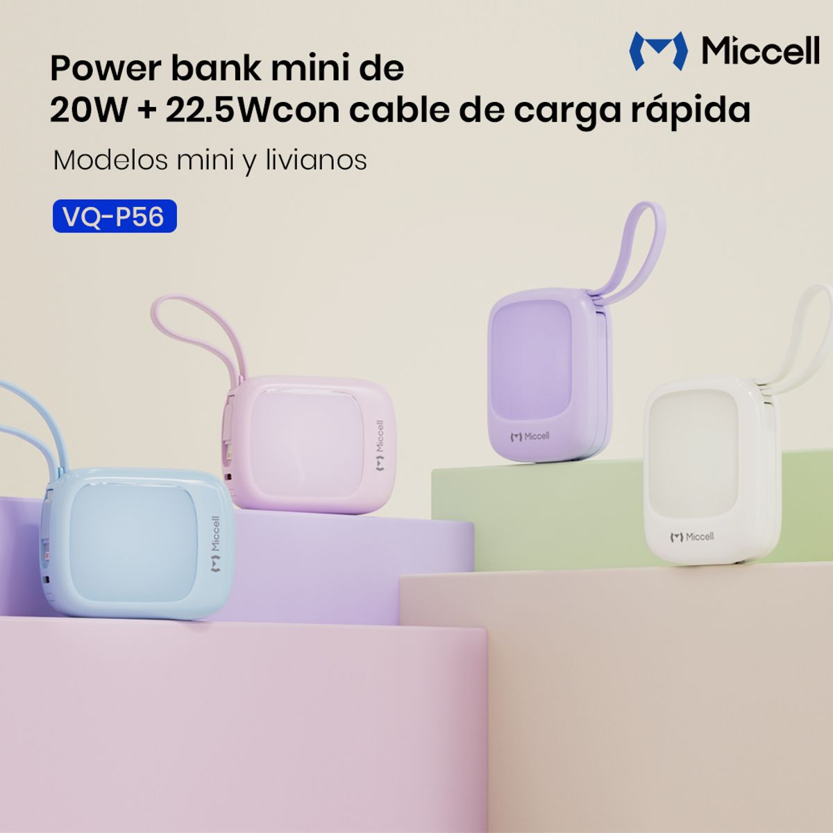 GENERAL - Miccell 10000mAh Power Bank PD225W con Cable Integrado y Carga Rápida Type-C