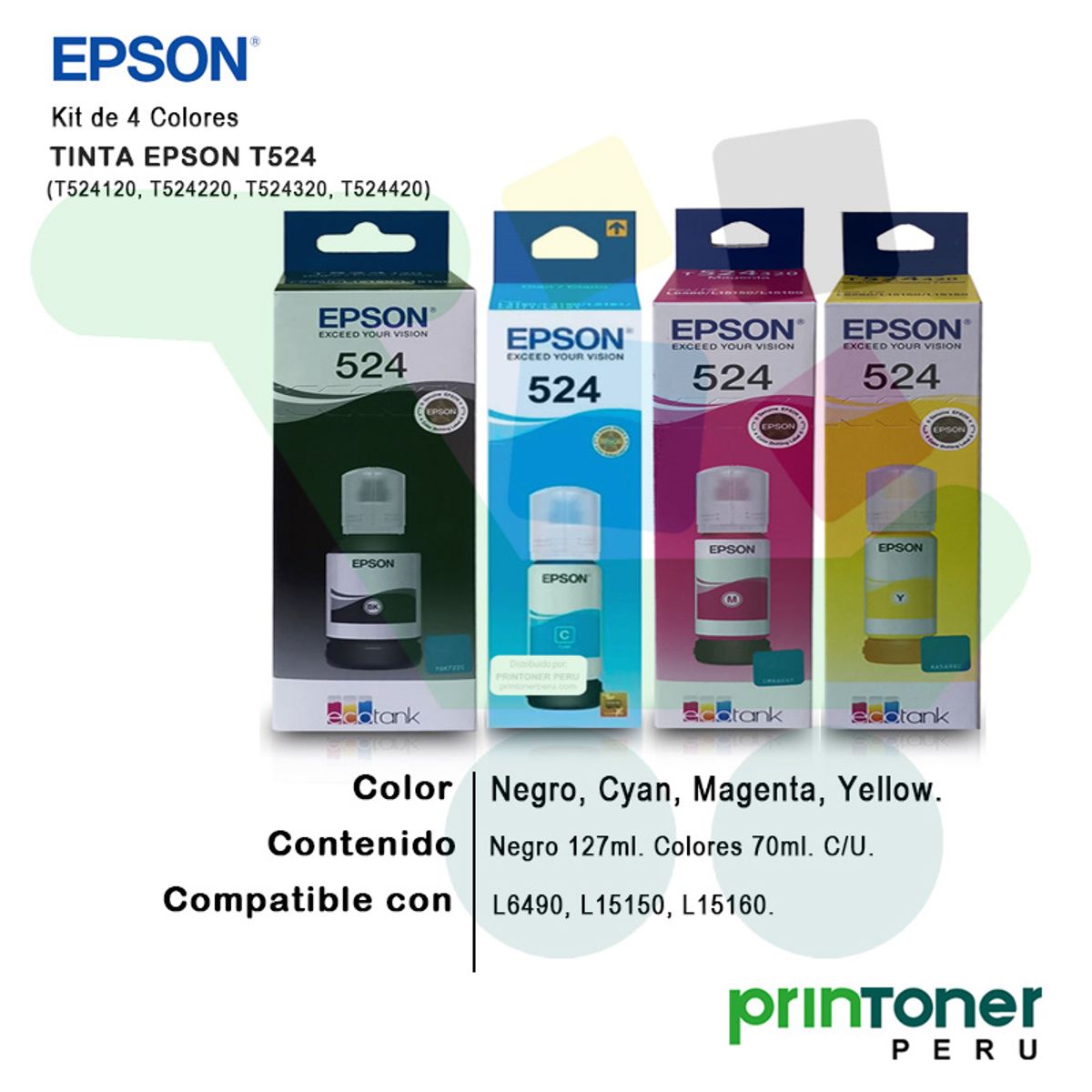 EPSON - KIT DE TINTA EPSON T524 NEGRO CYAN MAGENTA YELLOW L15150 L15160