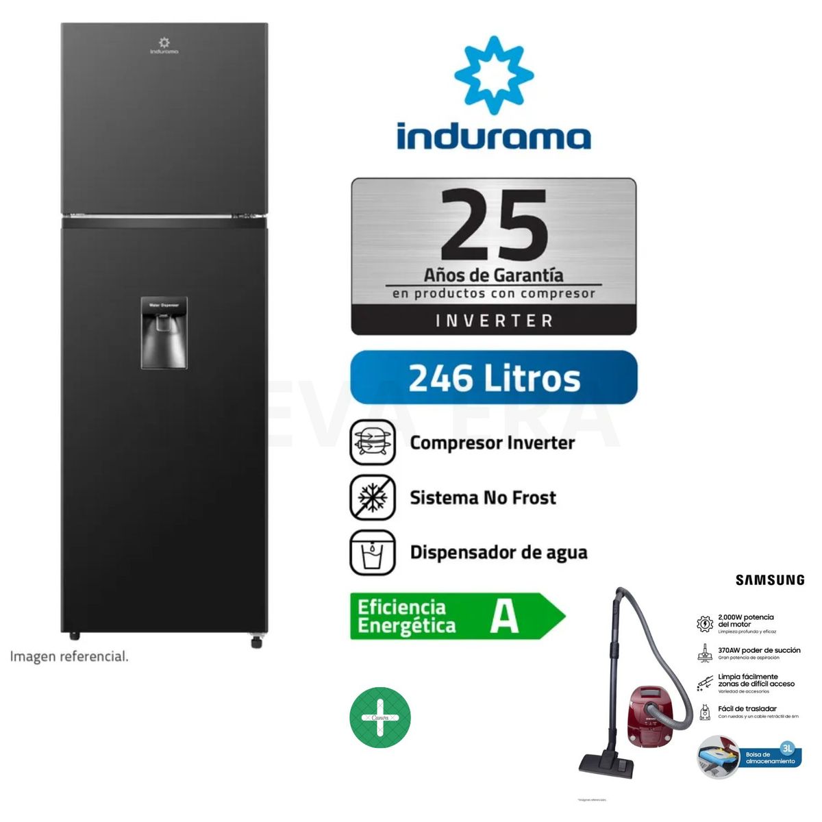 INDURAMA - REFRIGERADORA INDURAMA RI-389DNI 246 LITROS NEGRO + ASPIRADORA VCC4190V3KXZS 2000W