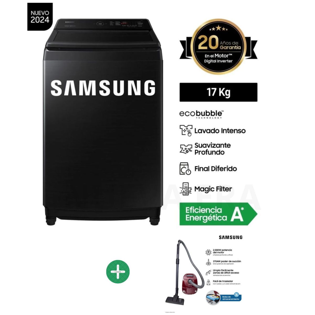 SAMSUNG - Lavadora Samsung 17Kg EcoBubble Carga Superior WA17CG6441BVPE Negro + Aspiradora VCC4190V3KXZS 2000W