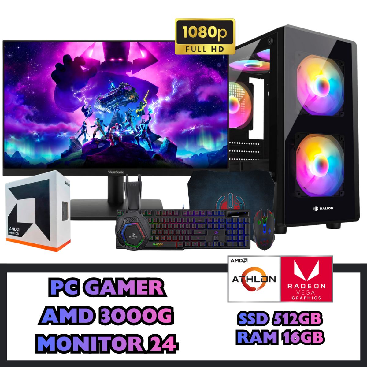 AMD - PC GAMER AMD 3000G SSD 500GB RAM 16GB MONITOR 24 FHD CON ACCESORIOS
