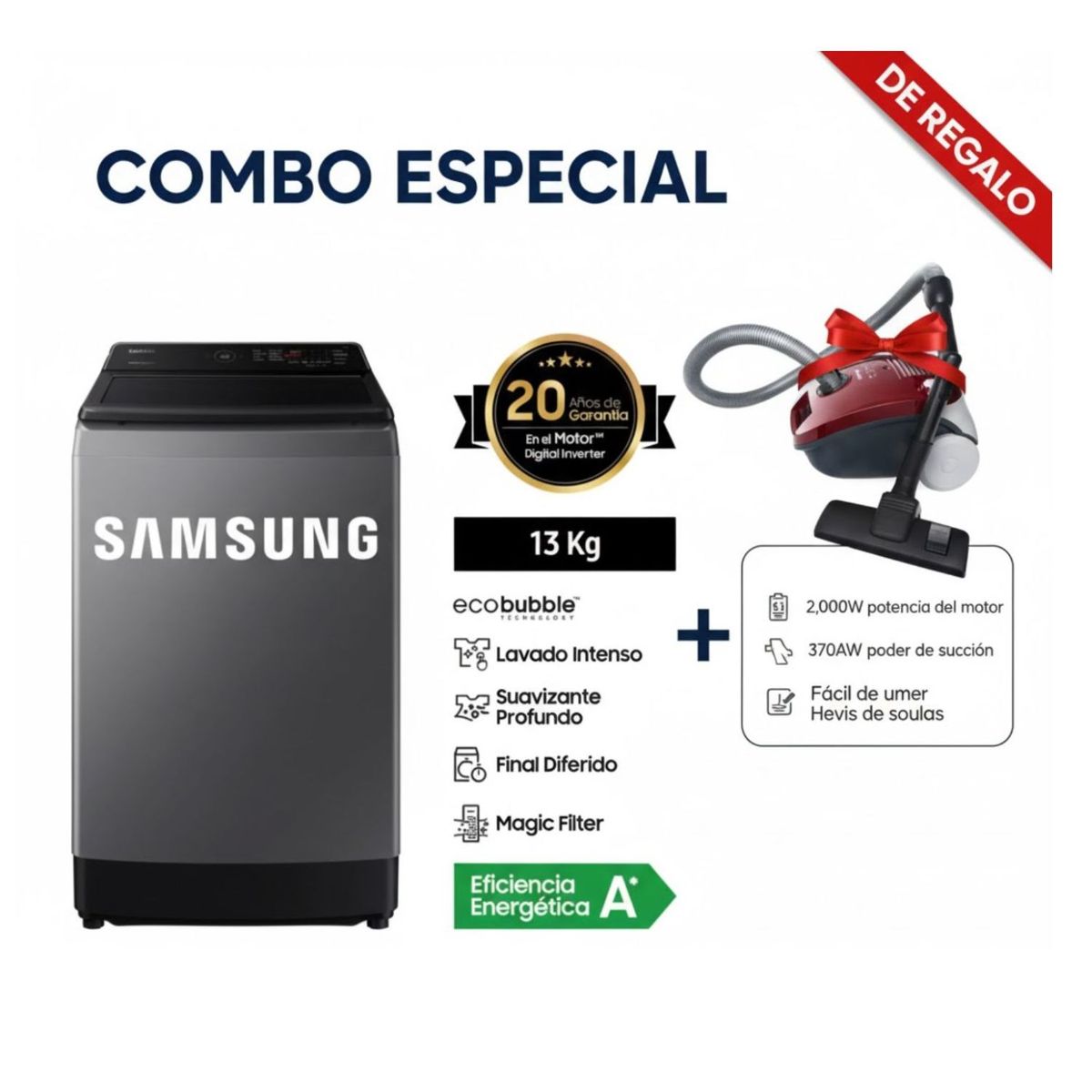 SAMSUNG - Lavadora Samsung 13Kg WA13CG5441BD Carga Superior EcoBubble + aspiradora Samsung VCC4190V3KXZS 2000W