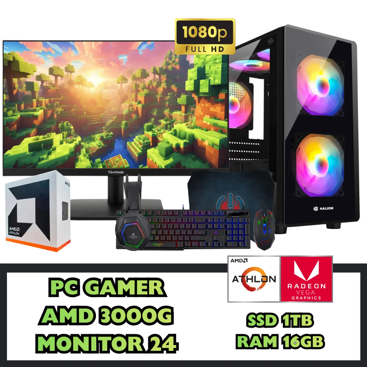 AMD - PC GAMER AMD 3000G SSD 1TB RAM 16GB MONITOR 24 FHD CON ACCESORIOS