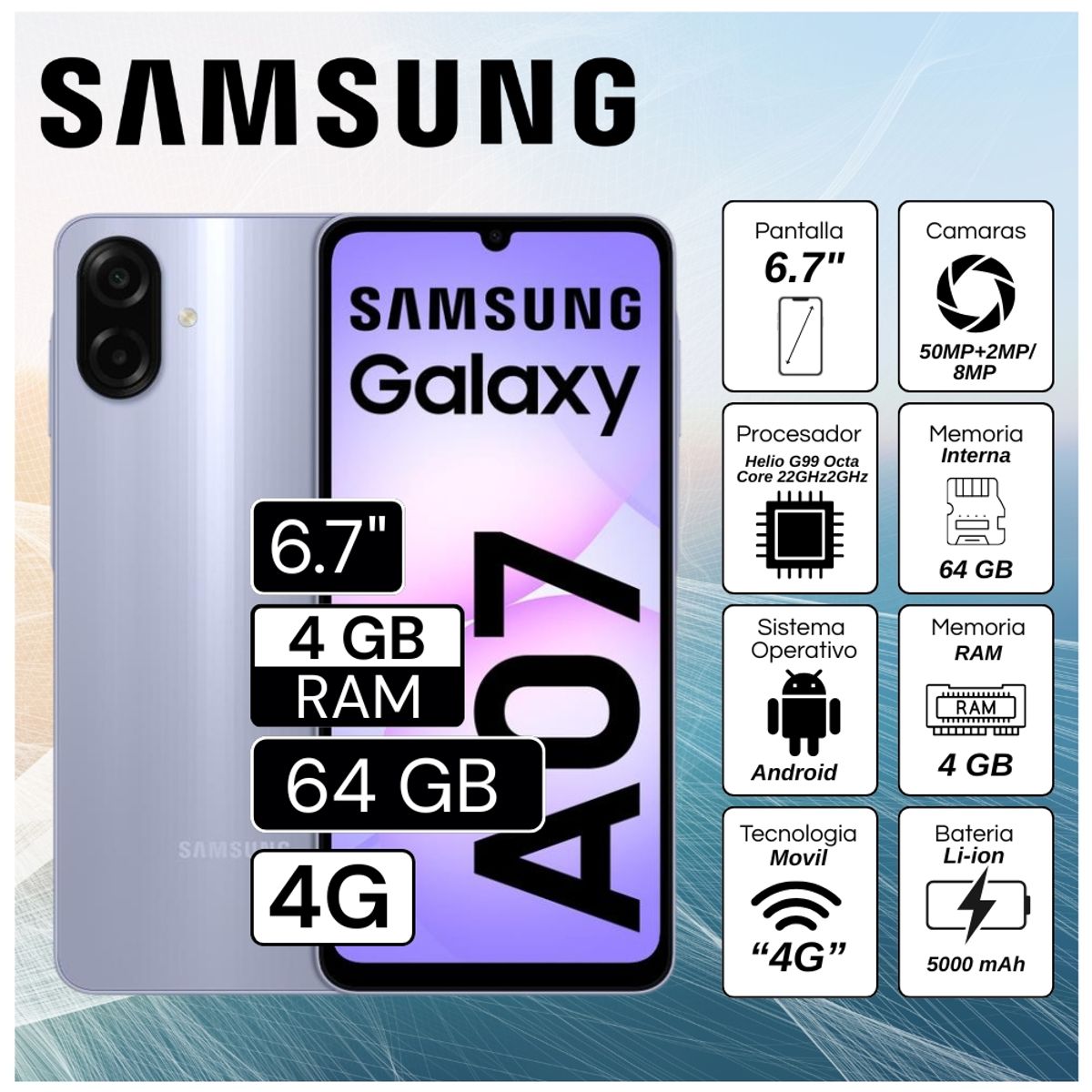 SAMSUNG - Celular Samsung Galaxy A07 4GB RAM 64GB Cámara principal 50MP + 2MP  6.7"  Pulg. HD - Morado