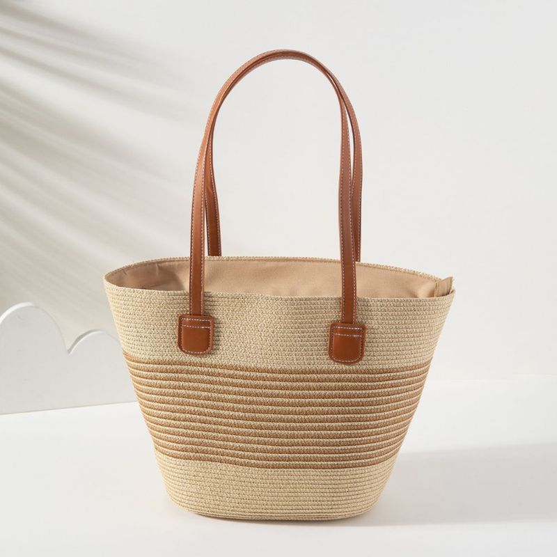 Bolso De Paja Tejido Con Cremallera - Bandolera Cuadrada Para Playa, Verano Y Viajes, Color Caqui