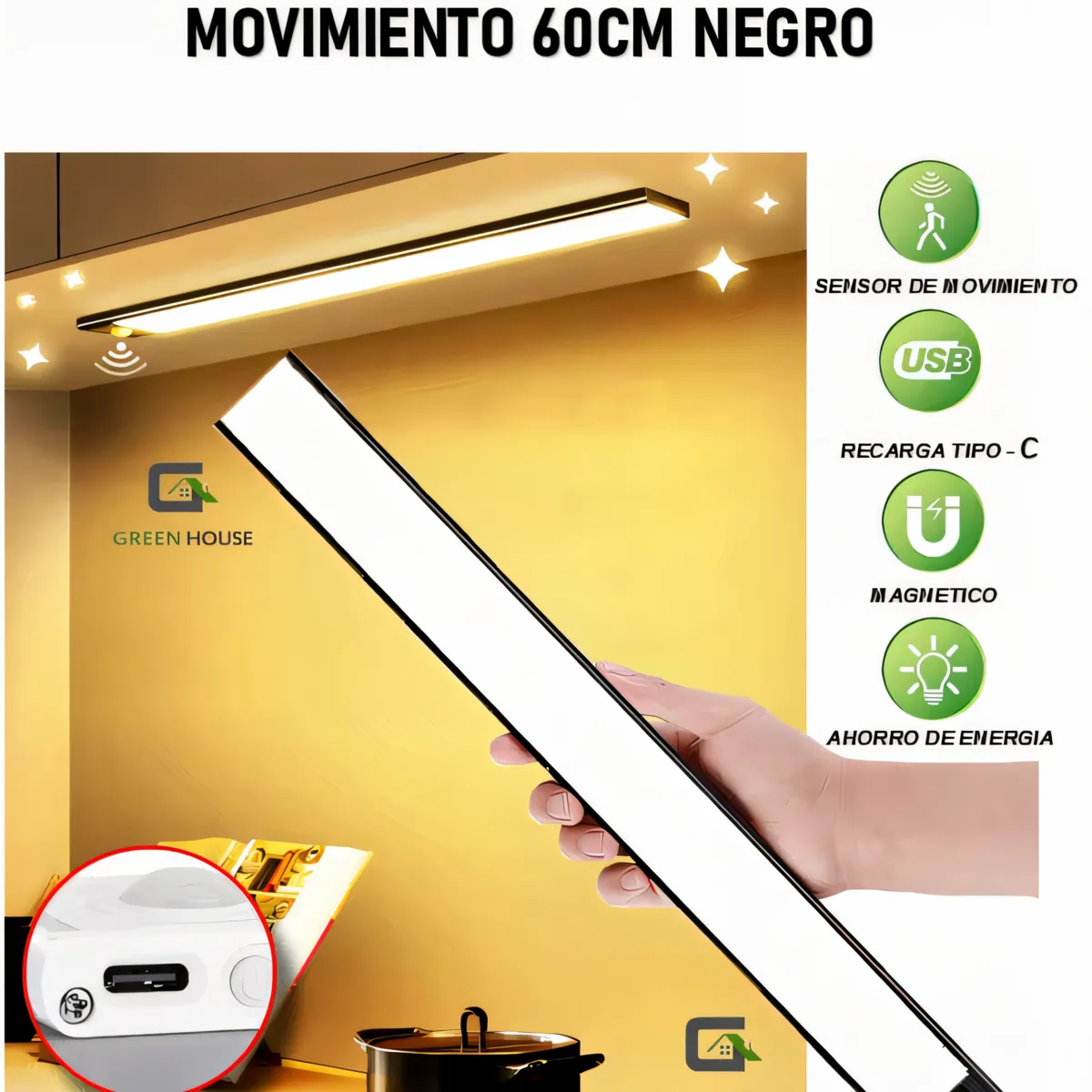 GREEN HOUSE - ELEGANTE Y ULTRAFINO LUZ LED CON SENSOR DE MOVIMIENTO INTELIGENTE