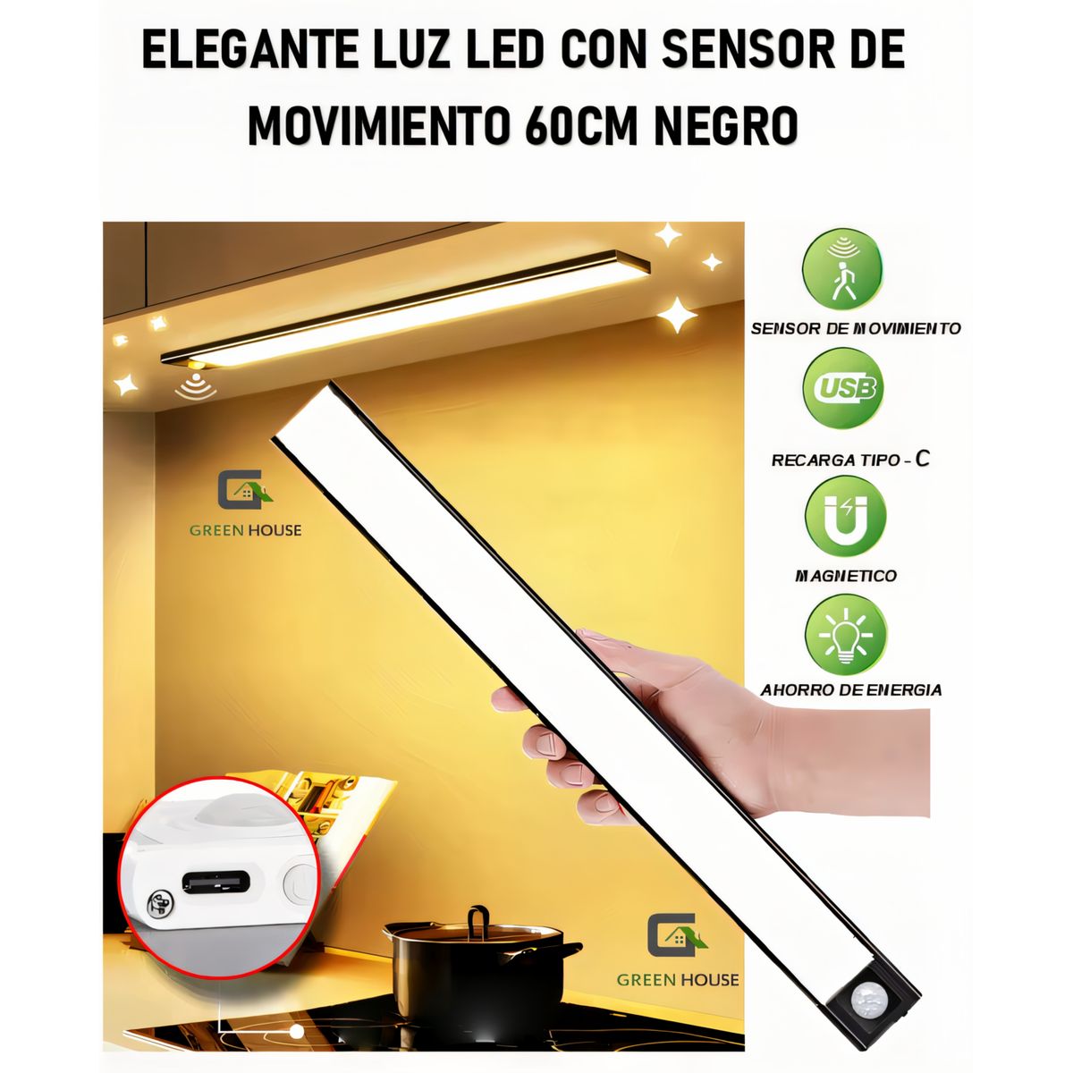 GREEN HOUSE - ELEGANTE Y ULTRAFINO LUZ LED CON SENSOR DE MOVIMIENTO INTELIGENTE