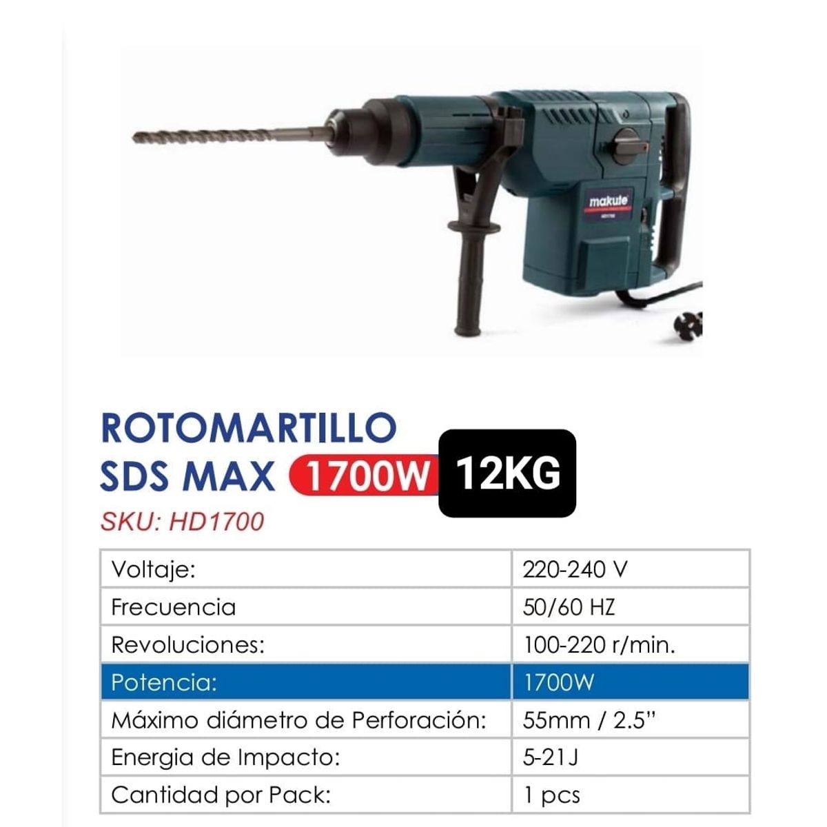 MAKUTE - MARTILLO DEMOLEDOR DE 1700 W