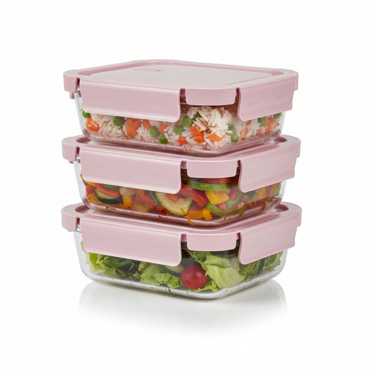 PENTHA - Taper De Vidrio Hermético 700ml Rectangular Set De 3 Unidades Rosado