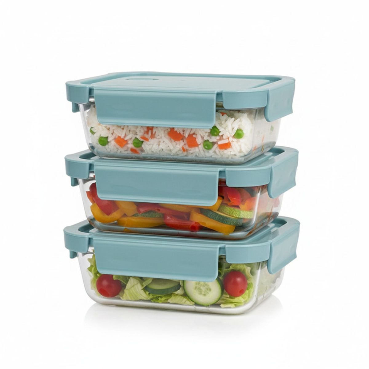 PENTHA - Taper De Vidrio Hermético 700ml Rectangular Set De 3 Unidades Celeste