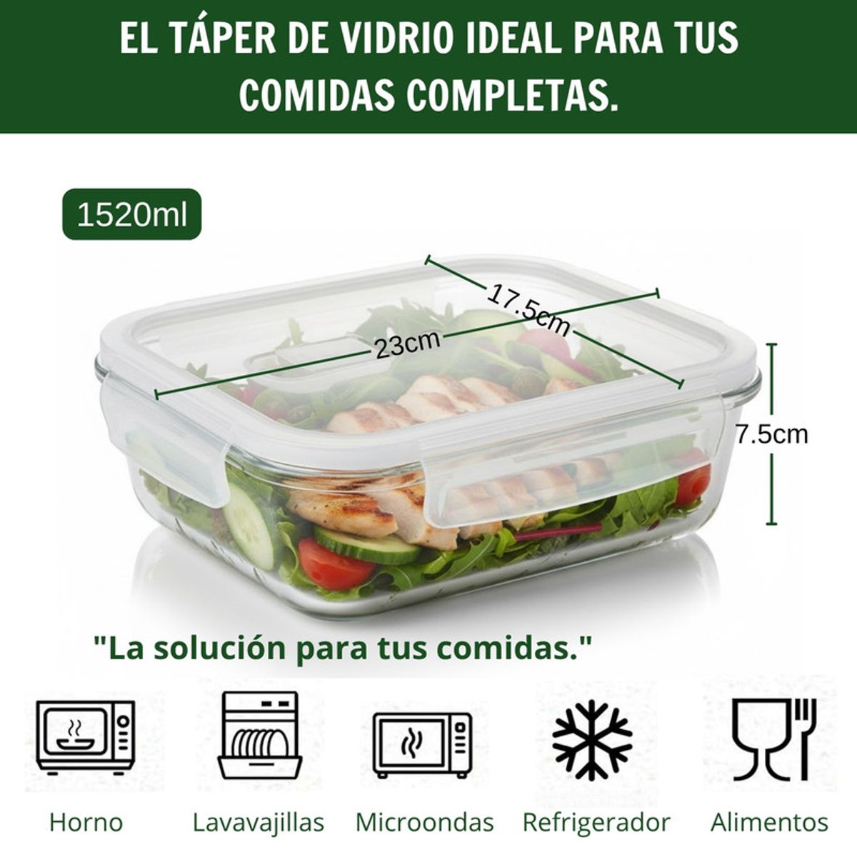 PENTHA - Táper De Vidrio Hermético Rectangular 1520ml Diseño Elegante