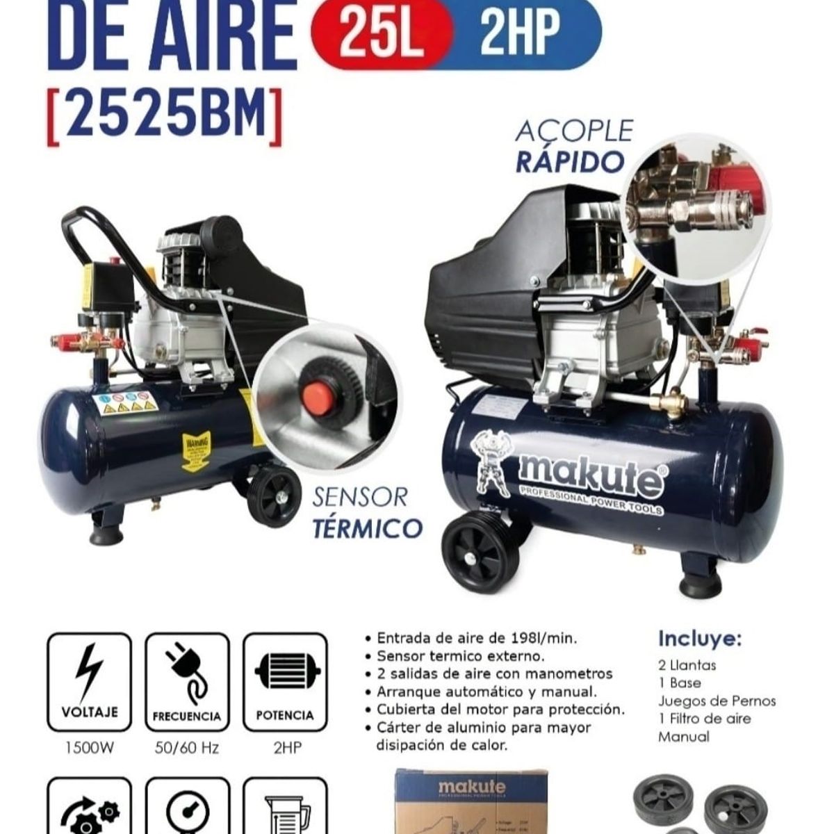 MAKUTE - COMPRESORA DE AIRE DE 25 LITROS –  2HP  -MAKUTE