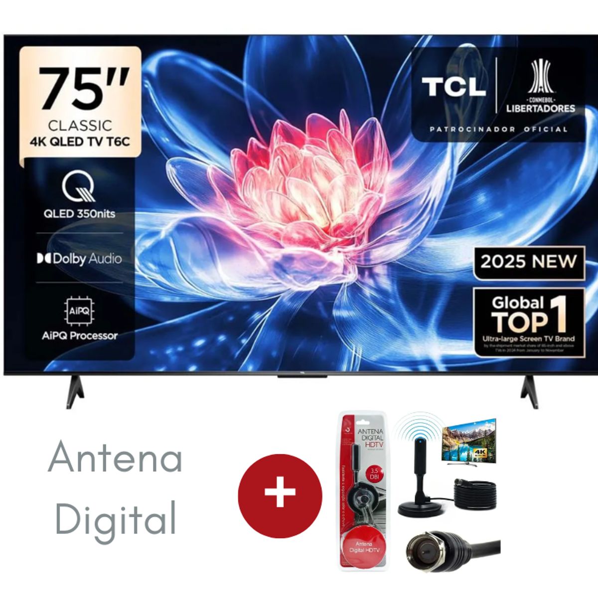 TCL - Televisor TCL QLED 75 UHD 4K Smart TV 75T6C Negro + Antena Digital
