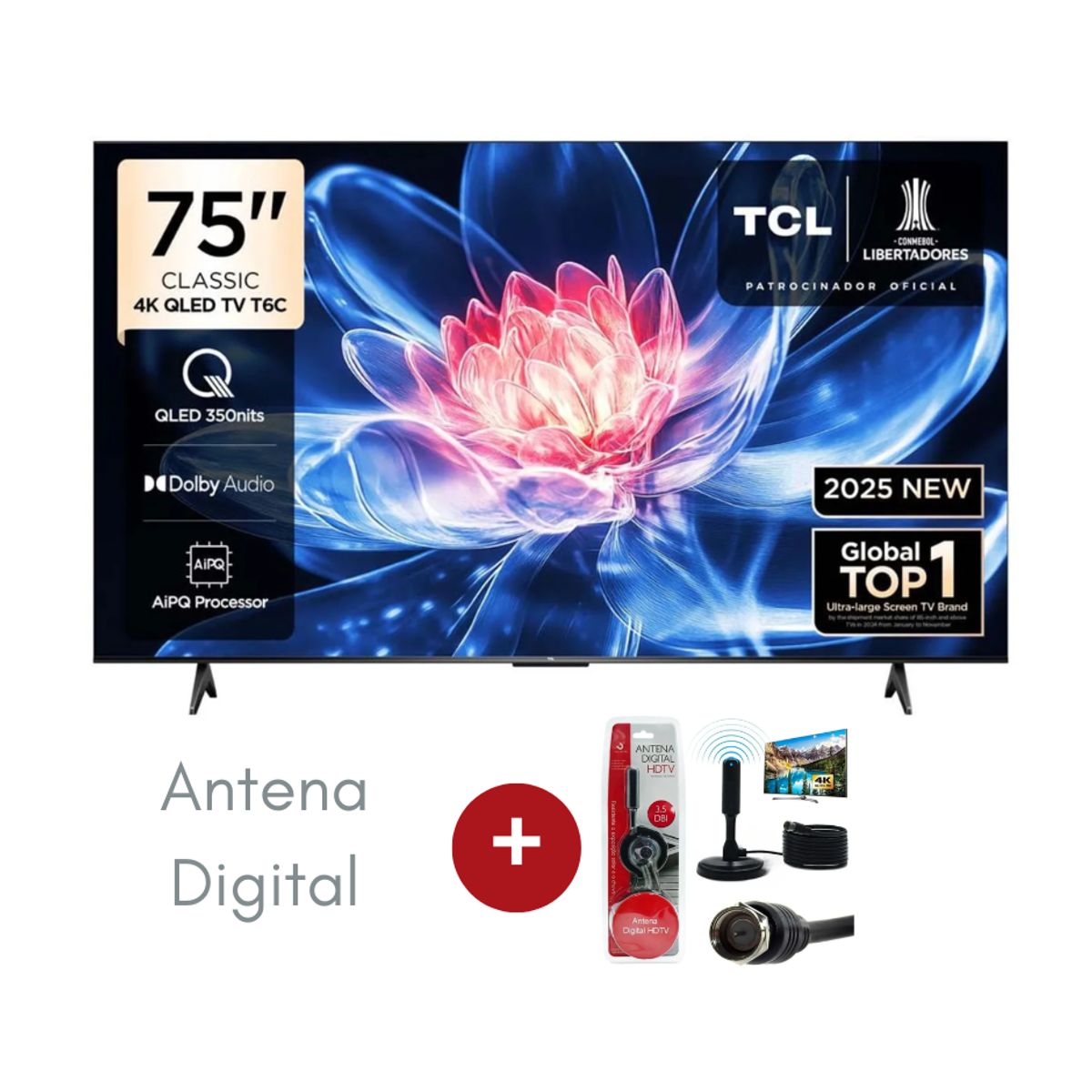 TCL - Televisor TCL QLED 75 UHD 4K Smart TV 75T6C Negro + Antena Digital