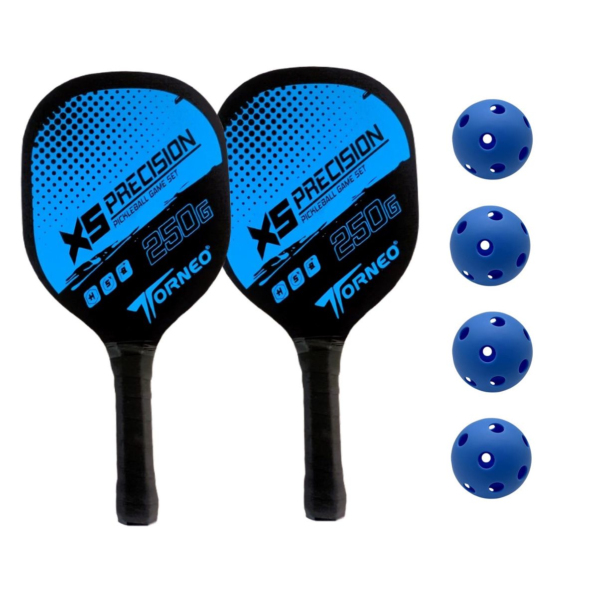 TORNEO - SET DE RAQUETAS PICKLEBALL PARA ENTRENAMIENTO MADERA CON 4 PELOTAS TORNEO AZUL