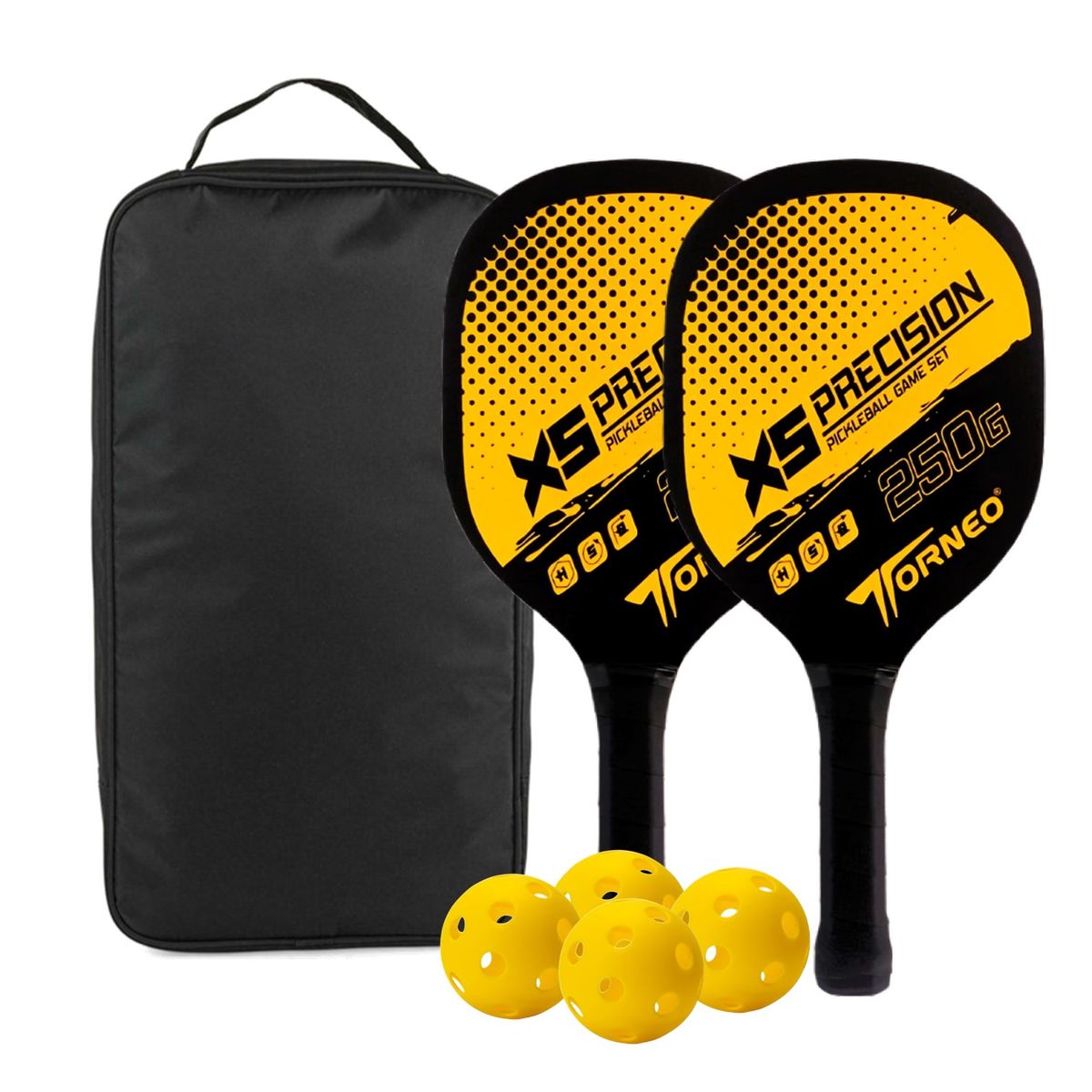 TORNEO - SET DE RAQUETAS PICKLEBALL PARA ENTRENAMIENTO MADERA CON 4 PELOTAS TORNEO AMARILLO