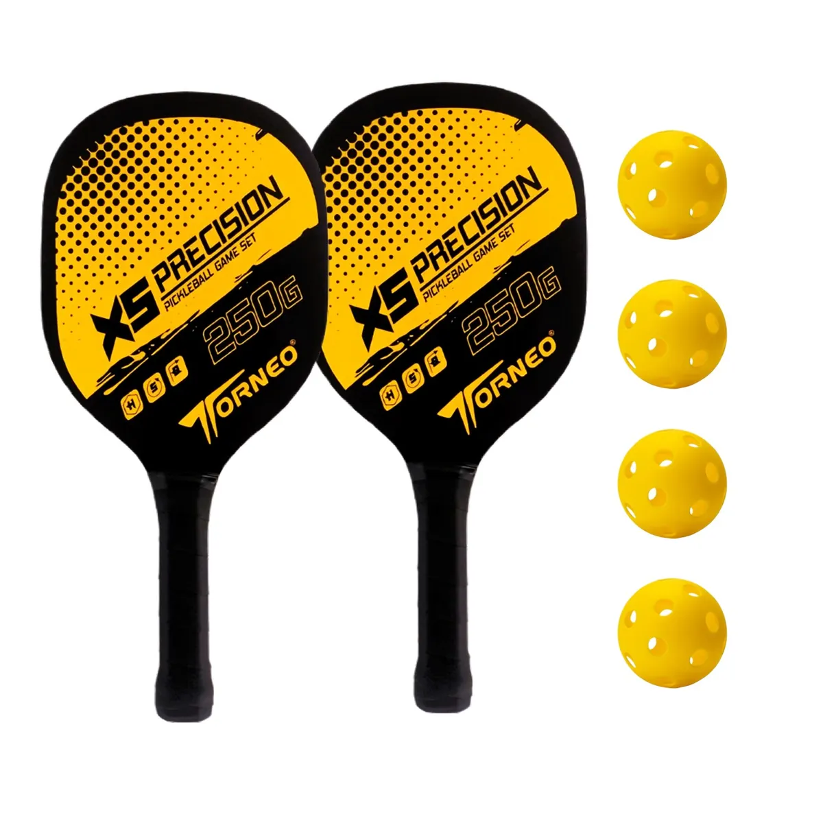 TORNEO - SET DE RAQUETAS PICKLEBALL PARA ENTRENAMIENTO MADERA CON 4 PELOTAS TORNEO AMARILLO