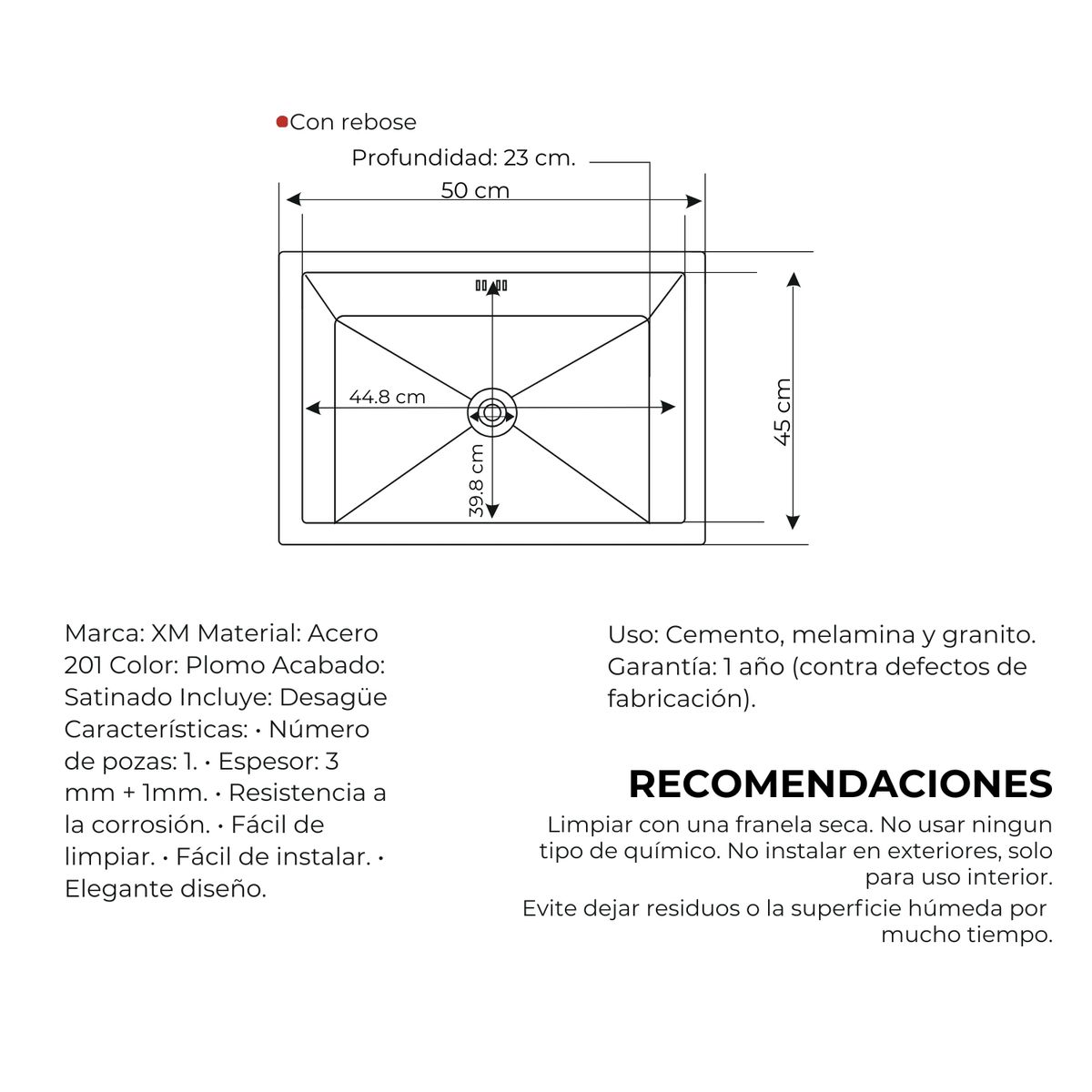 Lavadero de Cocina de Acero Inoxidable 50x45x23 cm Satinado, marca XM - Foto 2