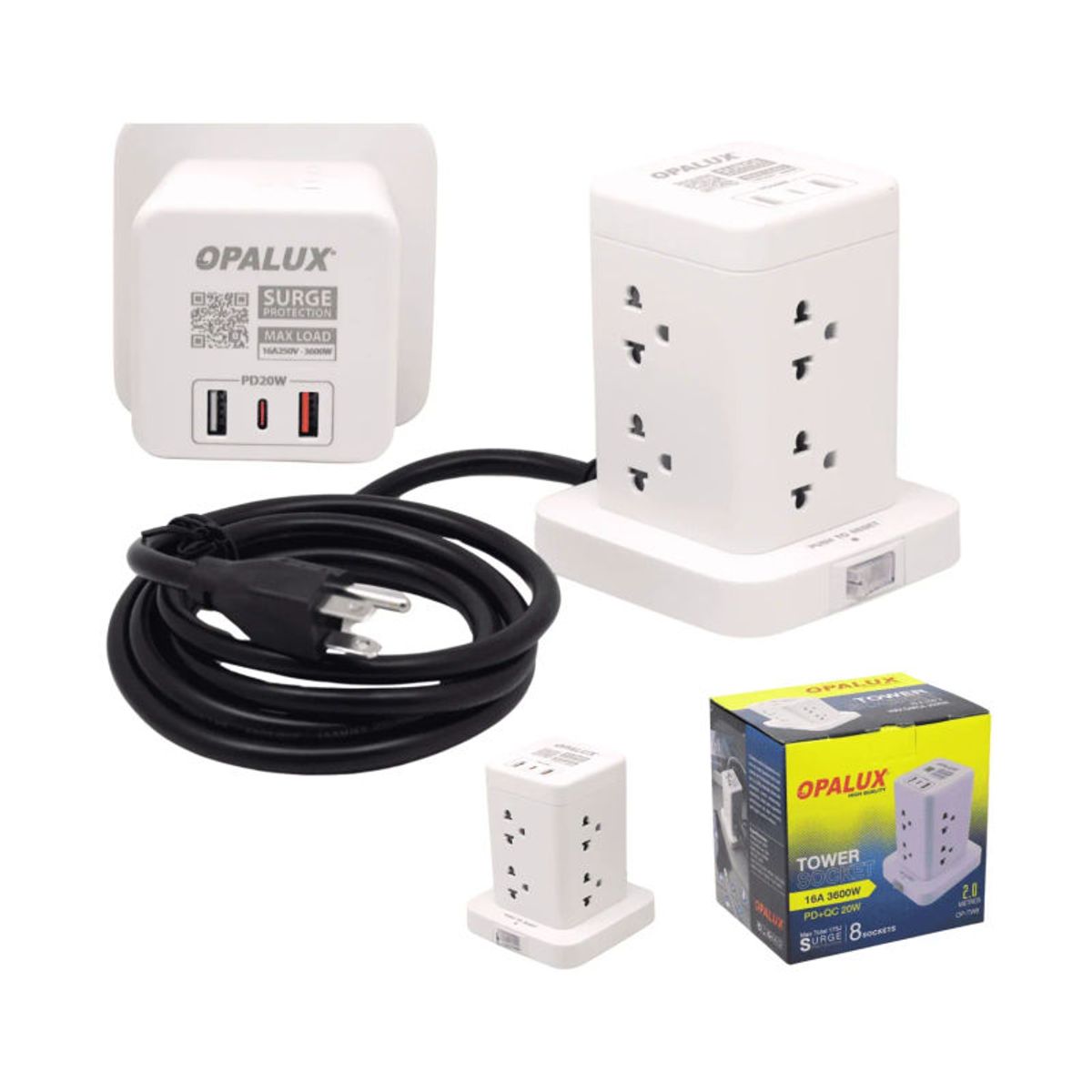 OPALUX - Adaptador tipo Torre de 8 tomas 2 Usb Tipo A + Tipo C Opalux OP-TW8