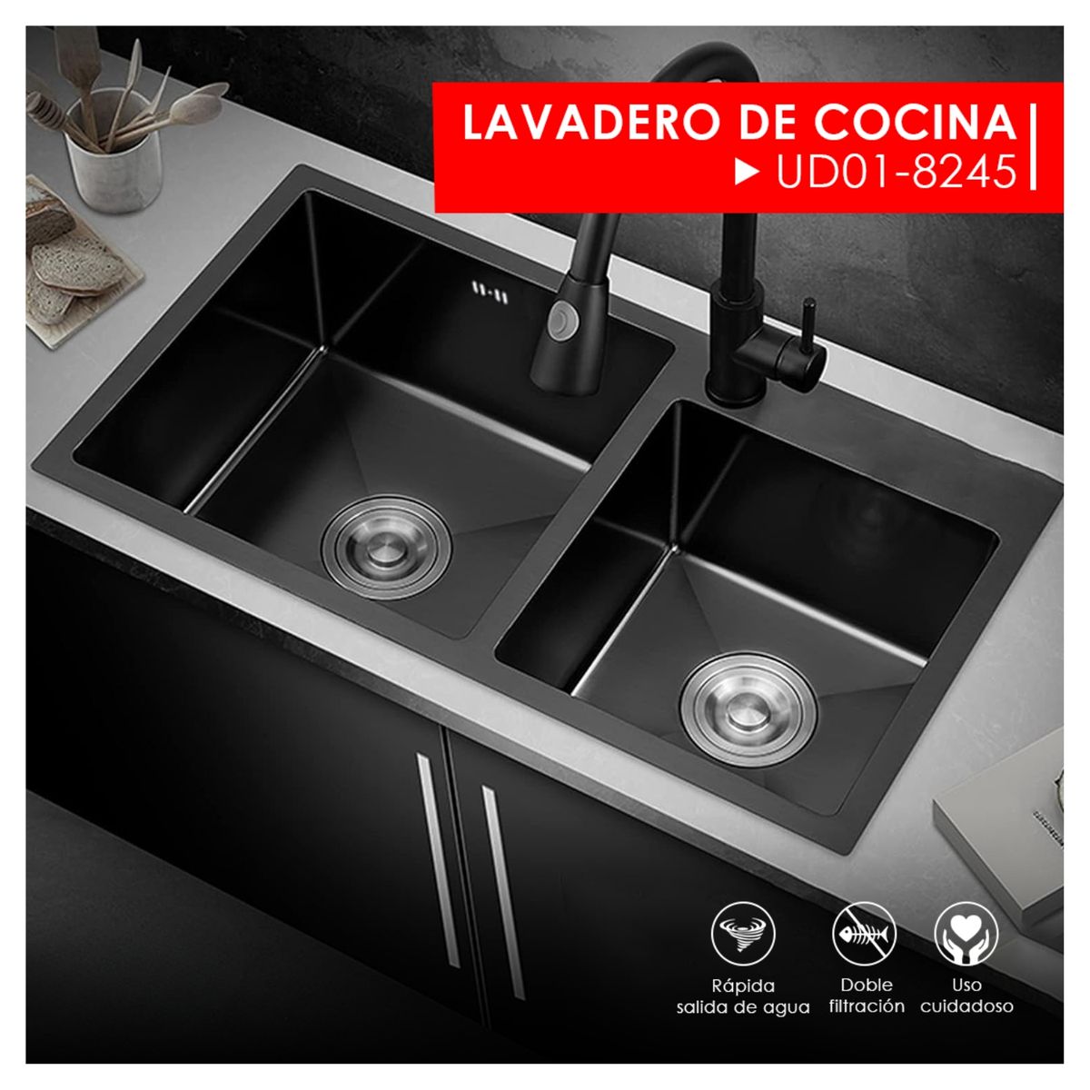 XM - Lavadero Doble de Lujo 82x45 cm Acero Inoxidable Nano Negro 2 Pozas