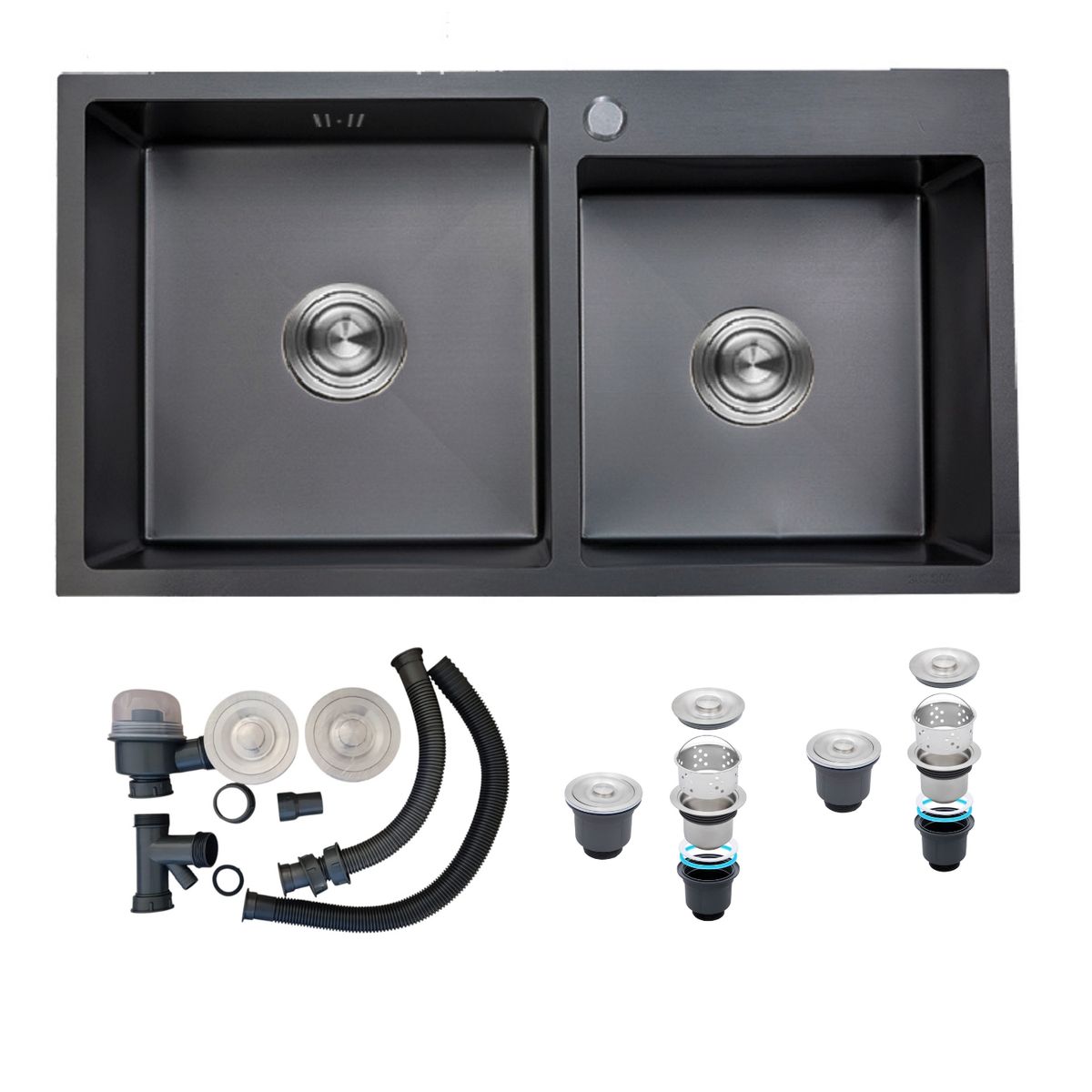 XM - Lavadero Doble de Lujo 82x45 cm Acero Inoxidable Nano Negro 2 Pozas