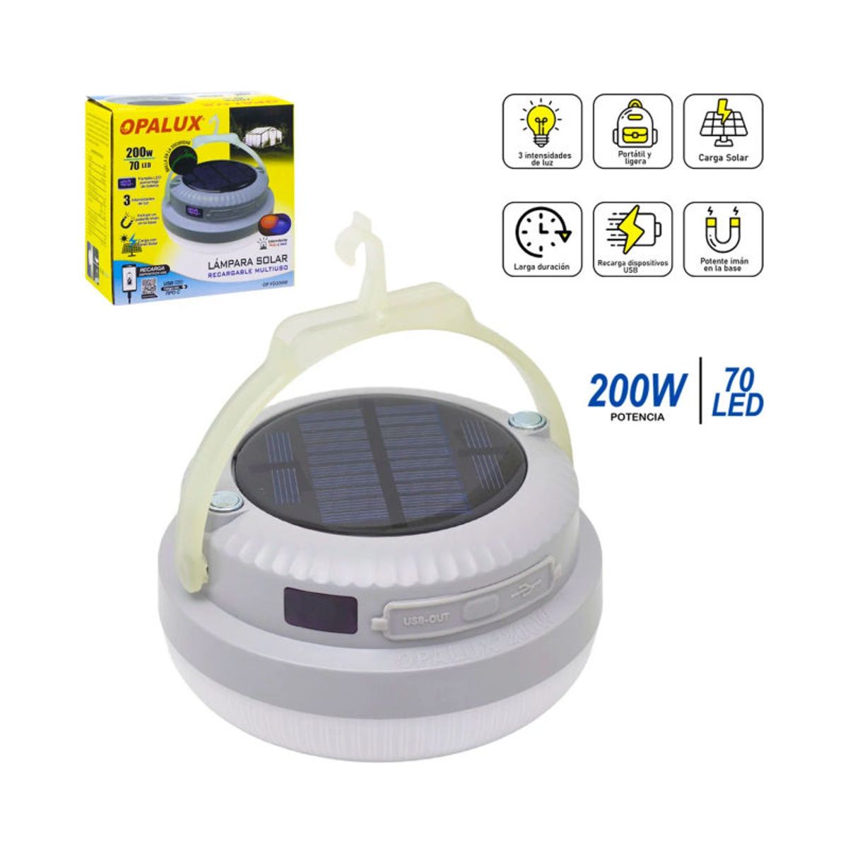 OPALUX - Lámpara Portátil Recargable con Panel Solar 200W OP-FD200W OPALUX