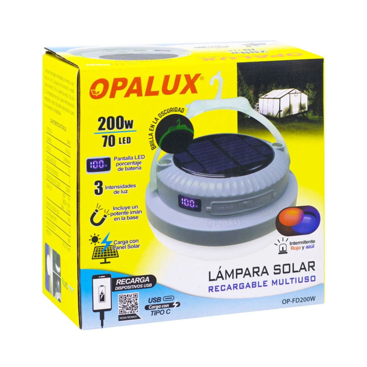 OPALUX - Lámpara Portátil Recargable con Panel Solar 200W OP-FD200W OPALUX