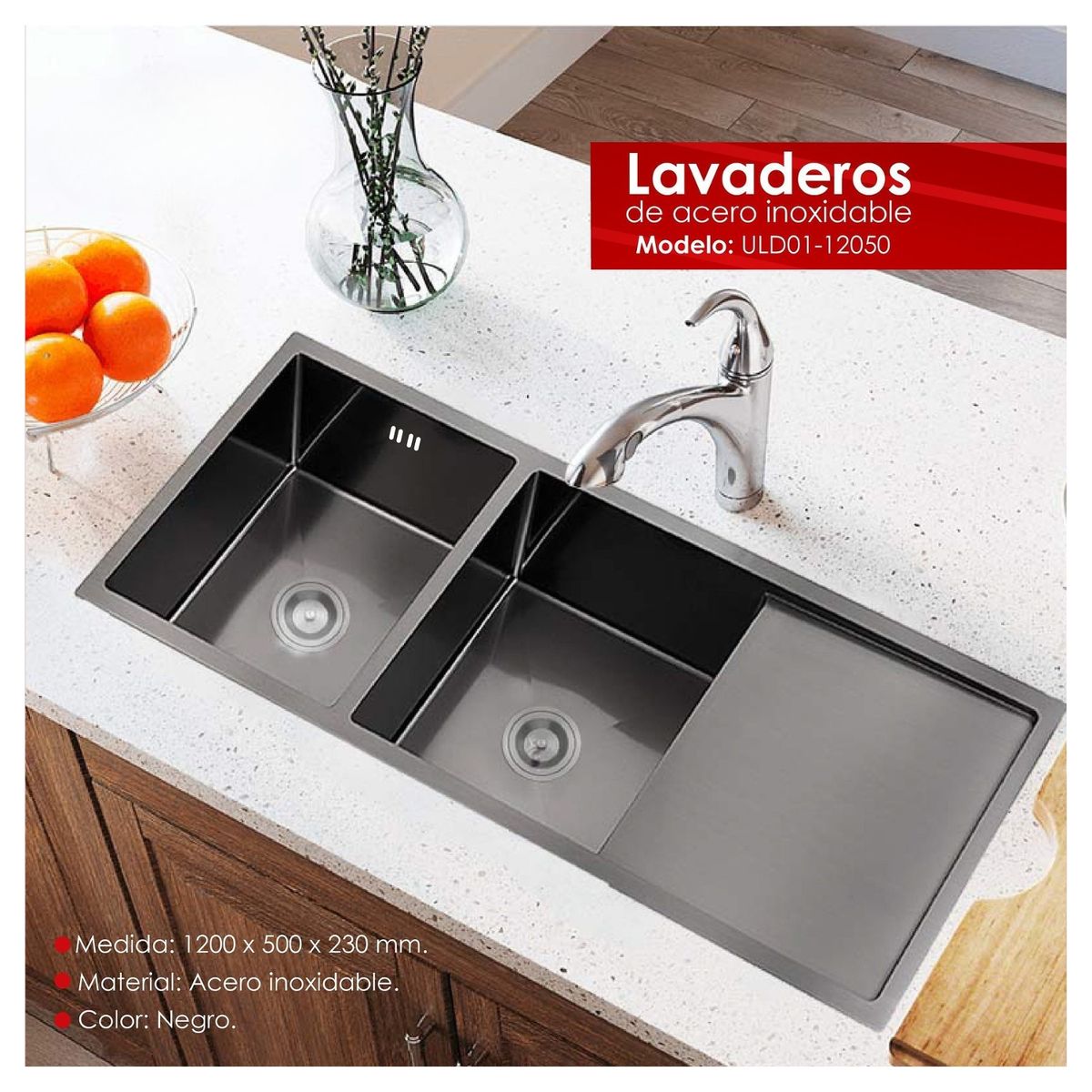 XM - Lavadero Doble de Lujo 120x50 cm Acero Inoxidable Nano Gun 2 Pozas con Escurridero