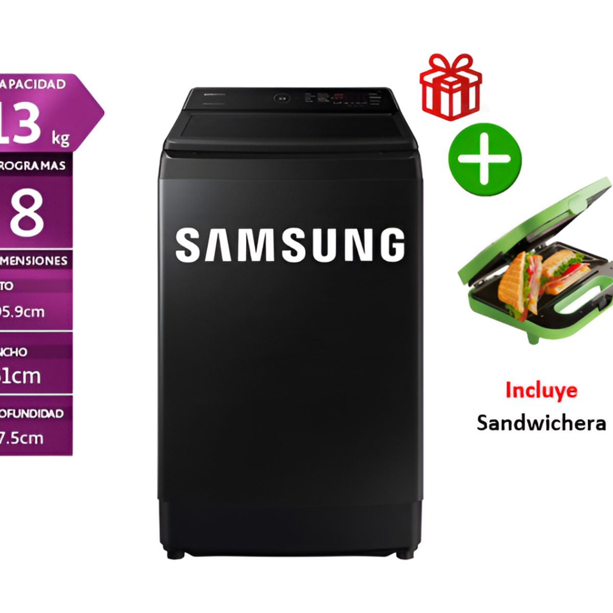 SAMSUNG - Lavadora Samsung 13 Kg Eco Inverter WA13CG5441BVPE Negro *+ Sandwichera oster