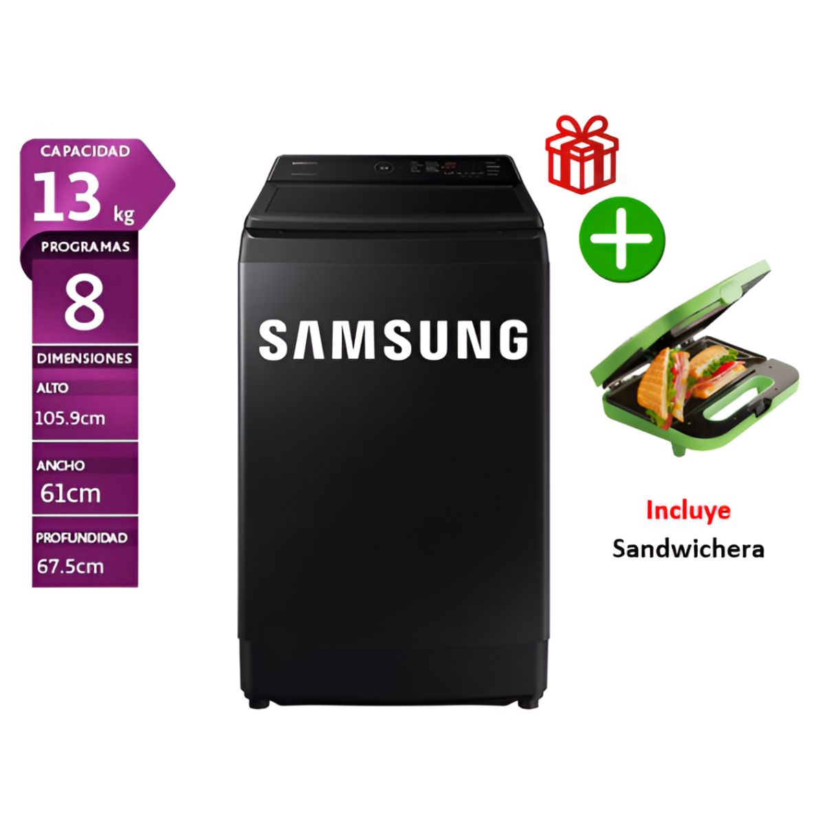 SAMSUNG - Lavadora Samsung 13 Kg Eco Inverter WA13CG5441BVPE Negro *+ Sandwichera oster