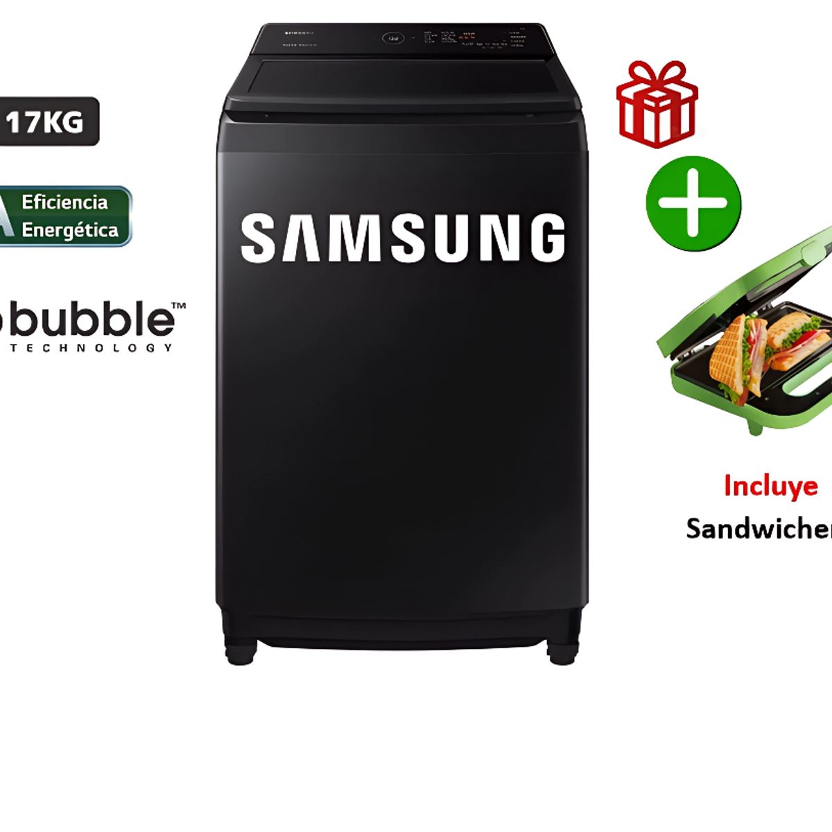 SAMSUNG - Lavadora Samsung 17 Kg EcoBubble Carga Superior WA17CG6441BVPE Negro*+ Sandwichera