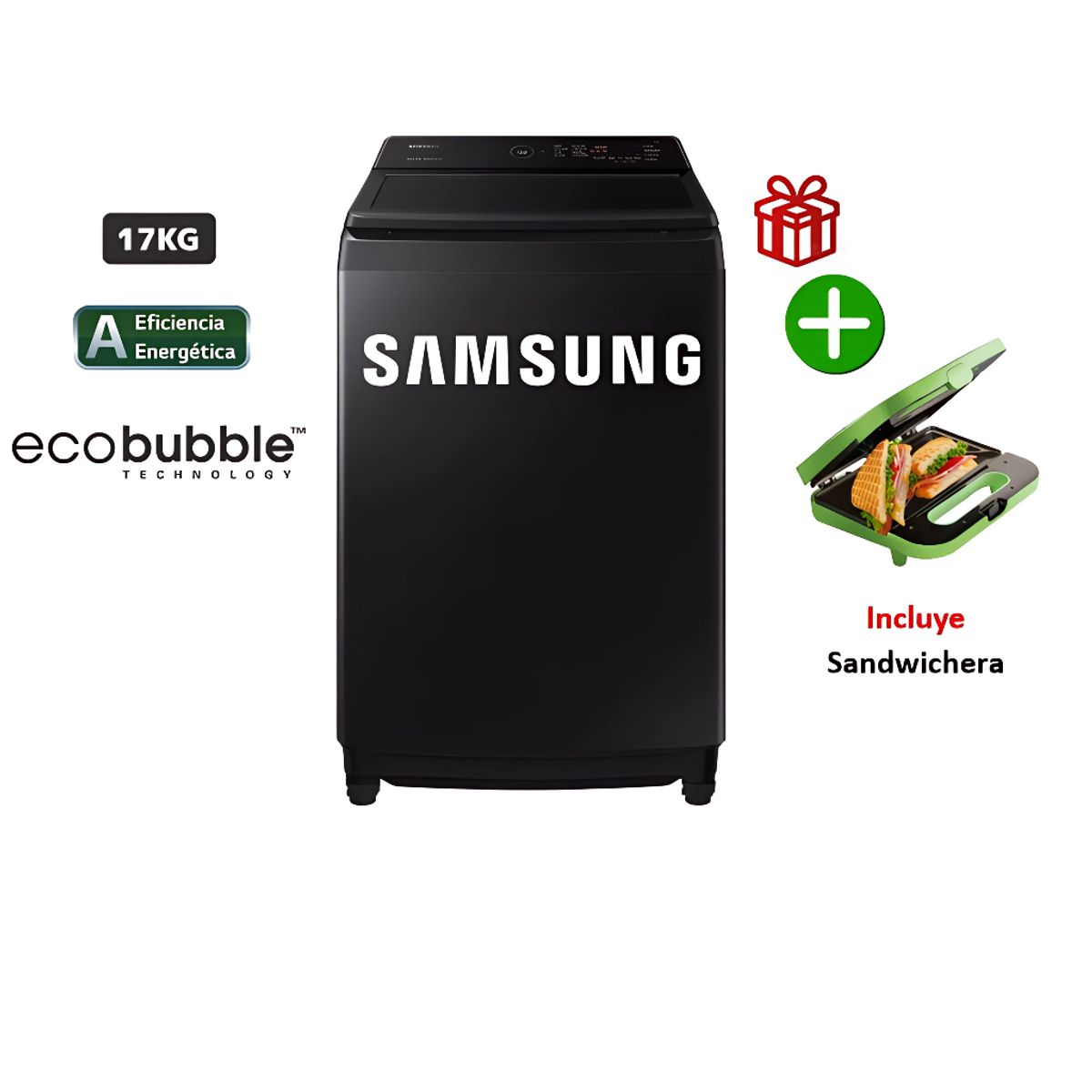 SAMSUNG - Lavadora Samsung 17 Kg EcoBubble Carga Superior WA17CG6441BVPE Negro*+ Sandwichera
