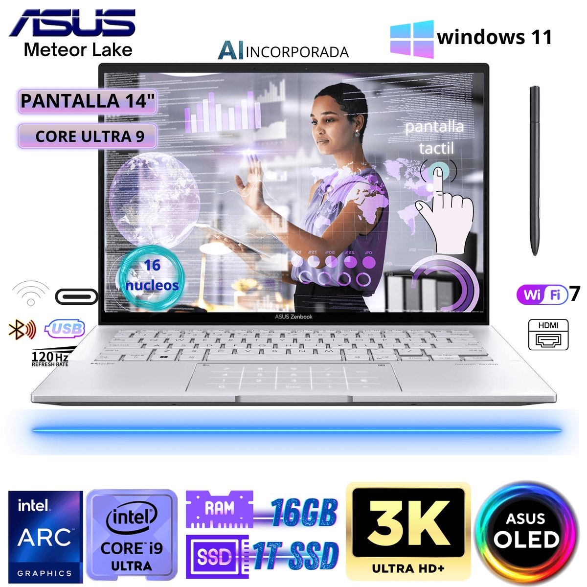 ASUS - Laptop ASUS Zenbook 14 OLED Ultra 9  Laptop Premium 3K Touch + 16GB RAM + 1TB SSD con AI