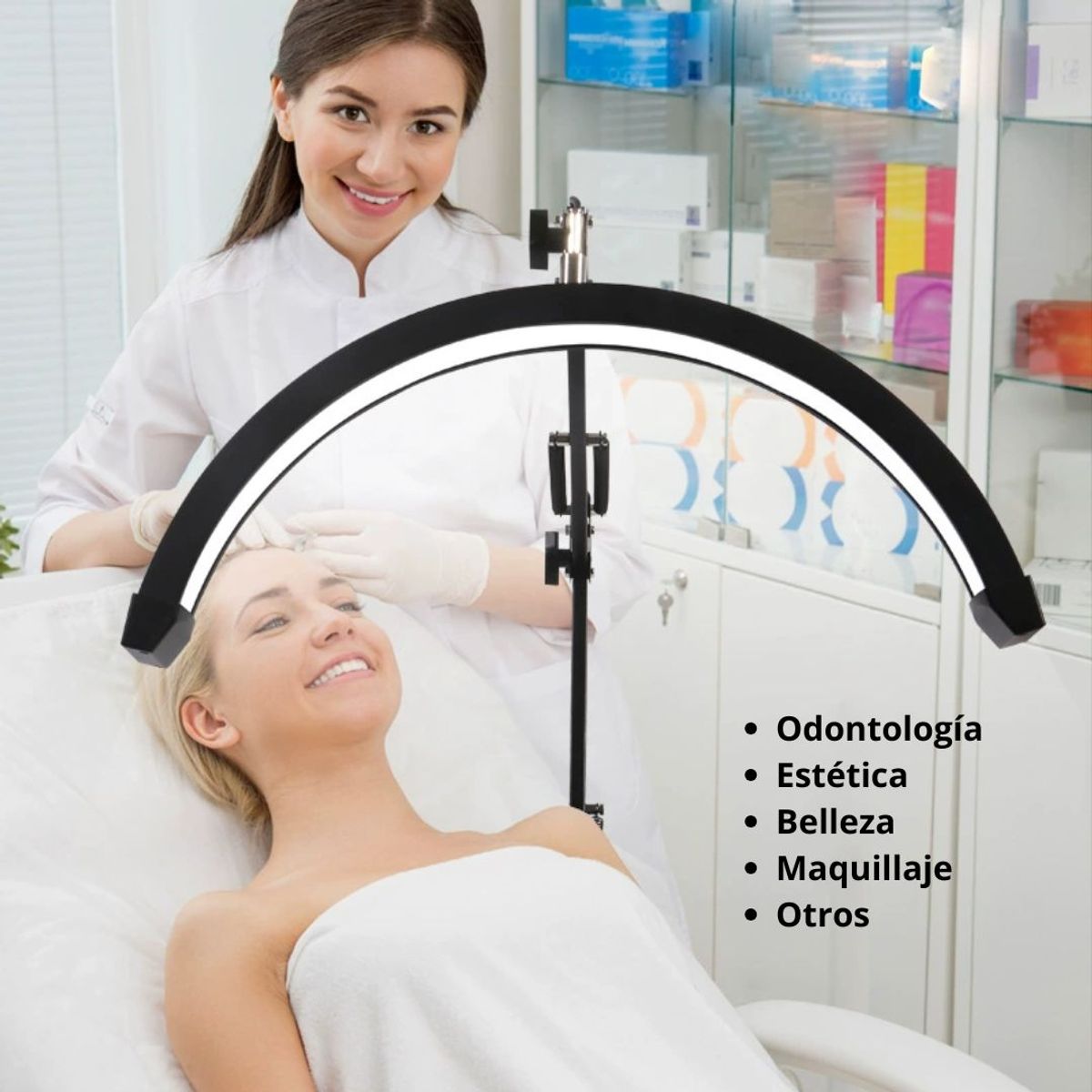 SEISA - Lámpara LED Profesional Media Luna con Brazo Articulado, 3 Colores y Brillo Ajustable para Estética