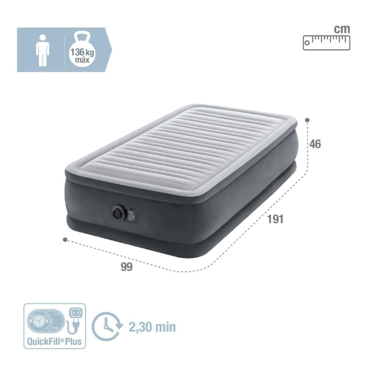 INTEX - Colchón Inflable Eléctrico de 1 Plaza Intex - Altura 46cm