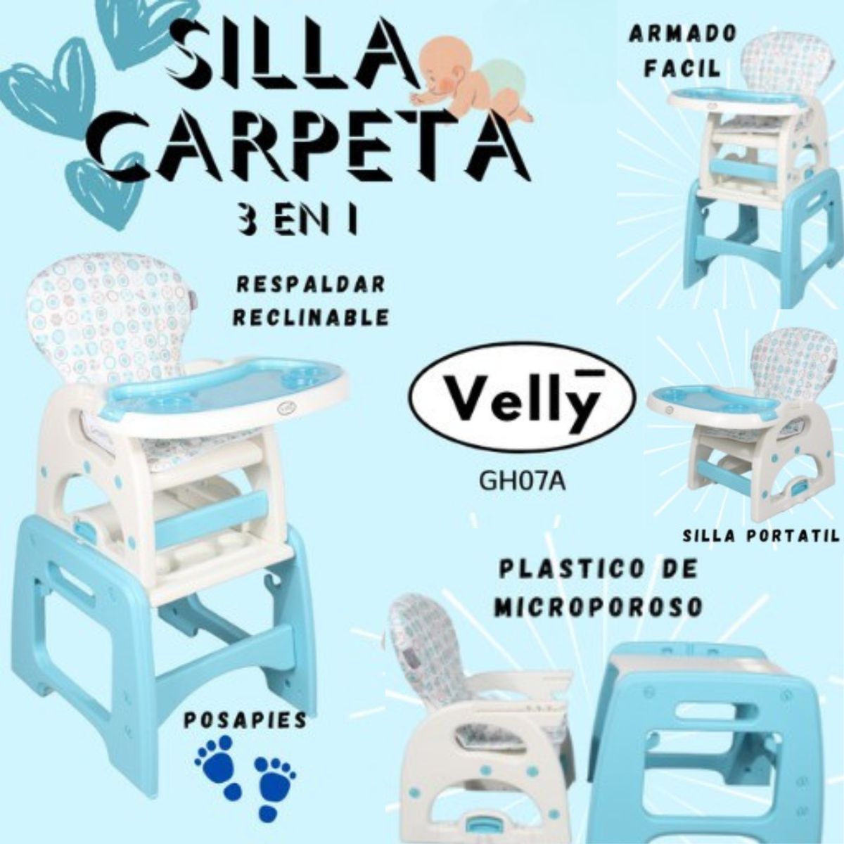GENERICO - Silla de comer Carpeta 3 en 1 Velly Celeste