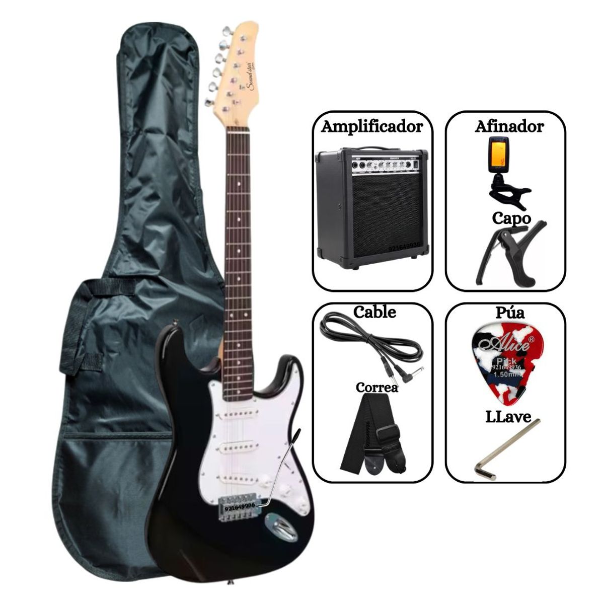 SOUND STAR - PACK Guitarra Eléctrica Negro con Amplificador Funda Afinador Cable y Accesorios