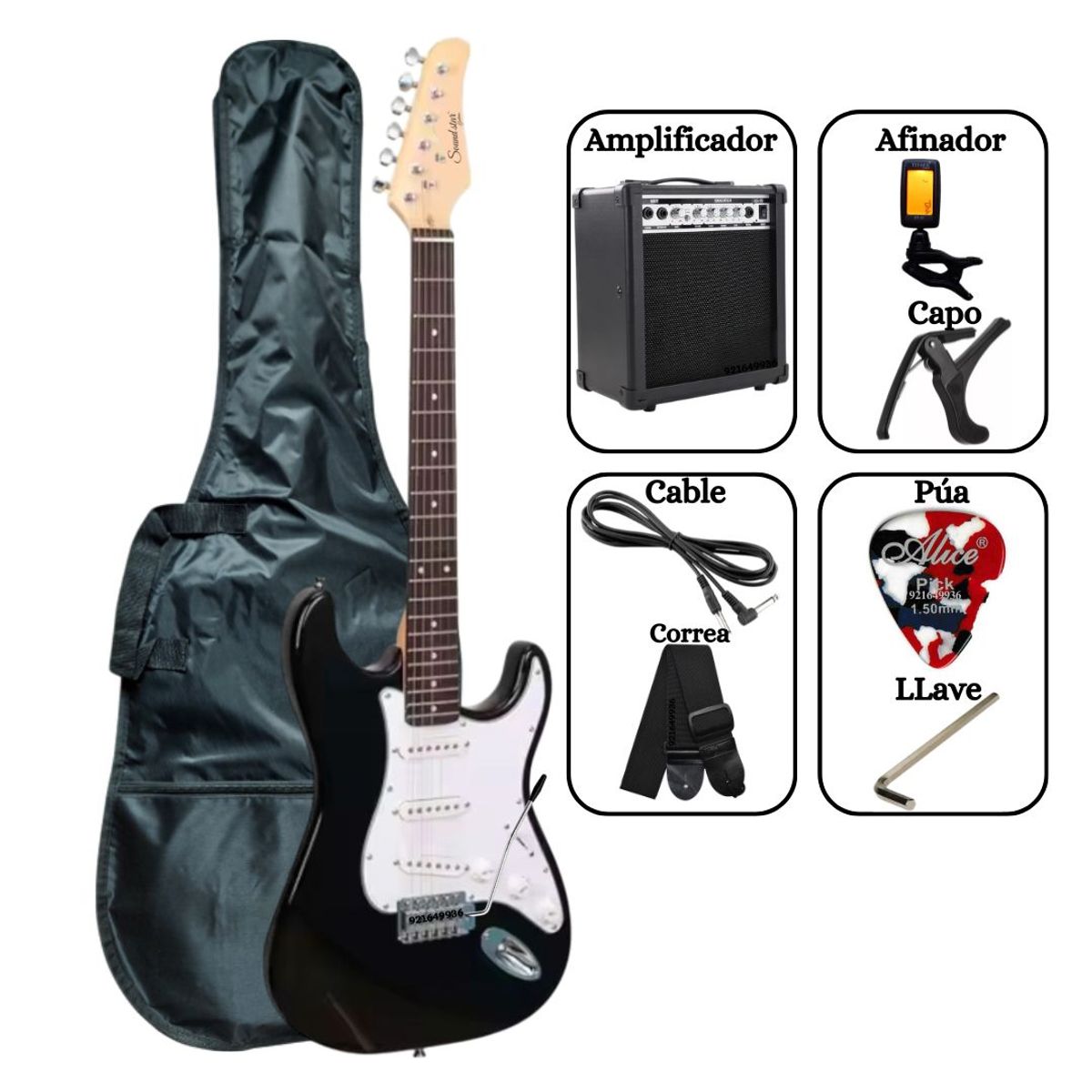 SOUND STAR - PACK Guitarra Eléctrica Negro con Amplificador Funda Afinador Cable y Accesorios