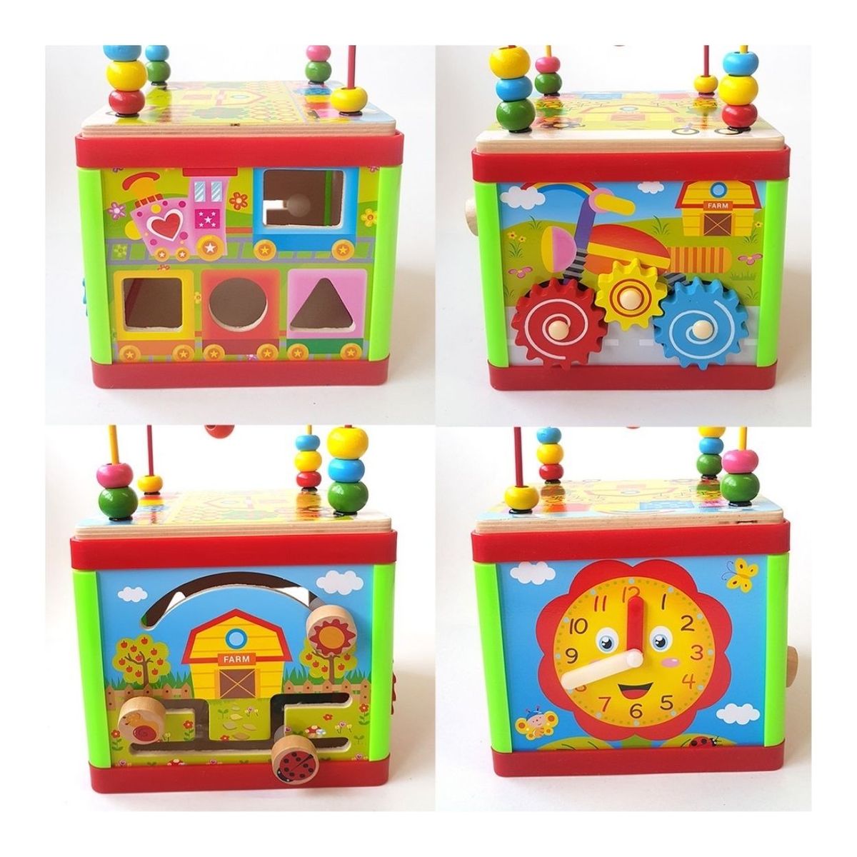 GENERICO - Juego Sensorial Cubo Montessori de Madera 5 en 1 – Granja y Engranajes