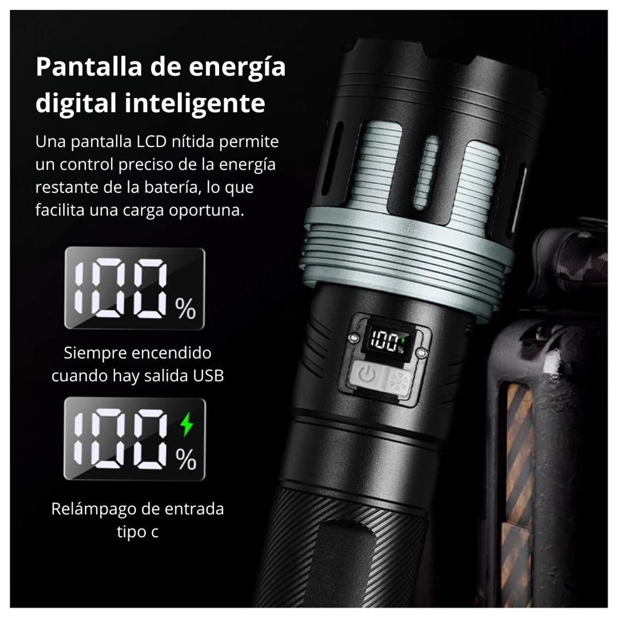 GENERICO - Linterna Táctica LED Recargable 3000 m con Zoom, Luz Trasera, Power Bank, Pantalla Digital y 5 Modos