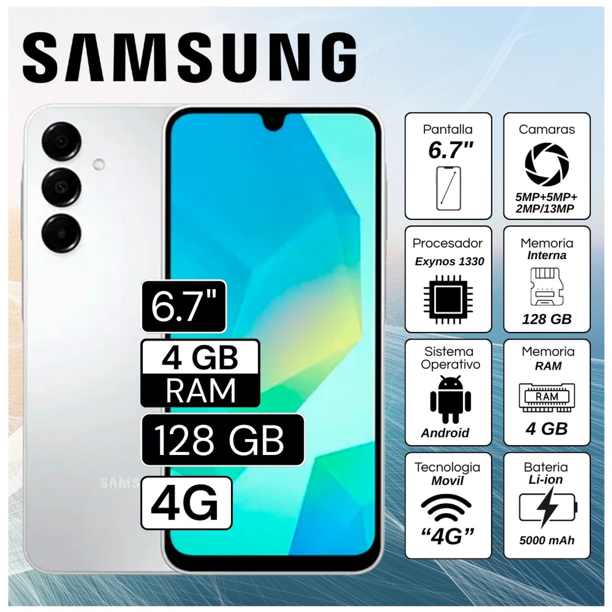 SAMSUNG - Celular Samsung Galaxy A16 4G 4GB RAM 128GB - Blanco