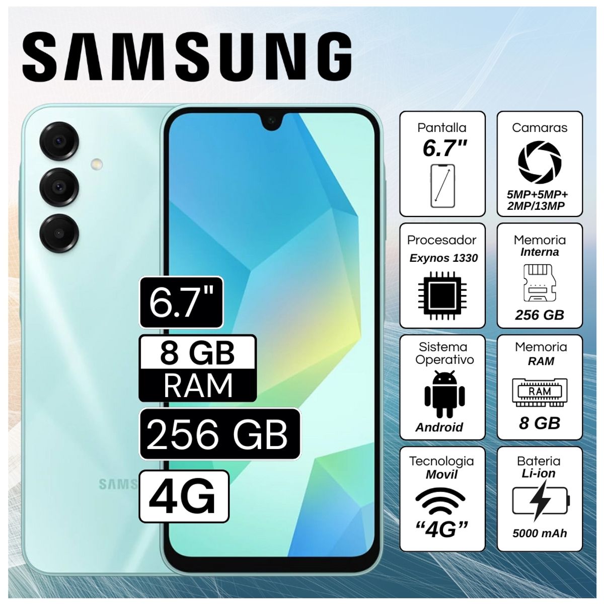 SAMSUNG - Celular Samsung Galaxy A16 4G 8GB RAM 256GB Cámara Principal 50MP + 13MP frontal 6.7"  Pulg - Verde