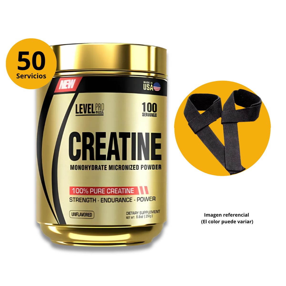 LEVEL PRO - CREATINA LEVEL PRO DE 250gr - CREATINA MONOHIDRATADA Y MICRONIZADA + STRAPS